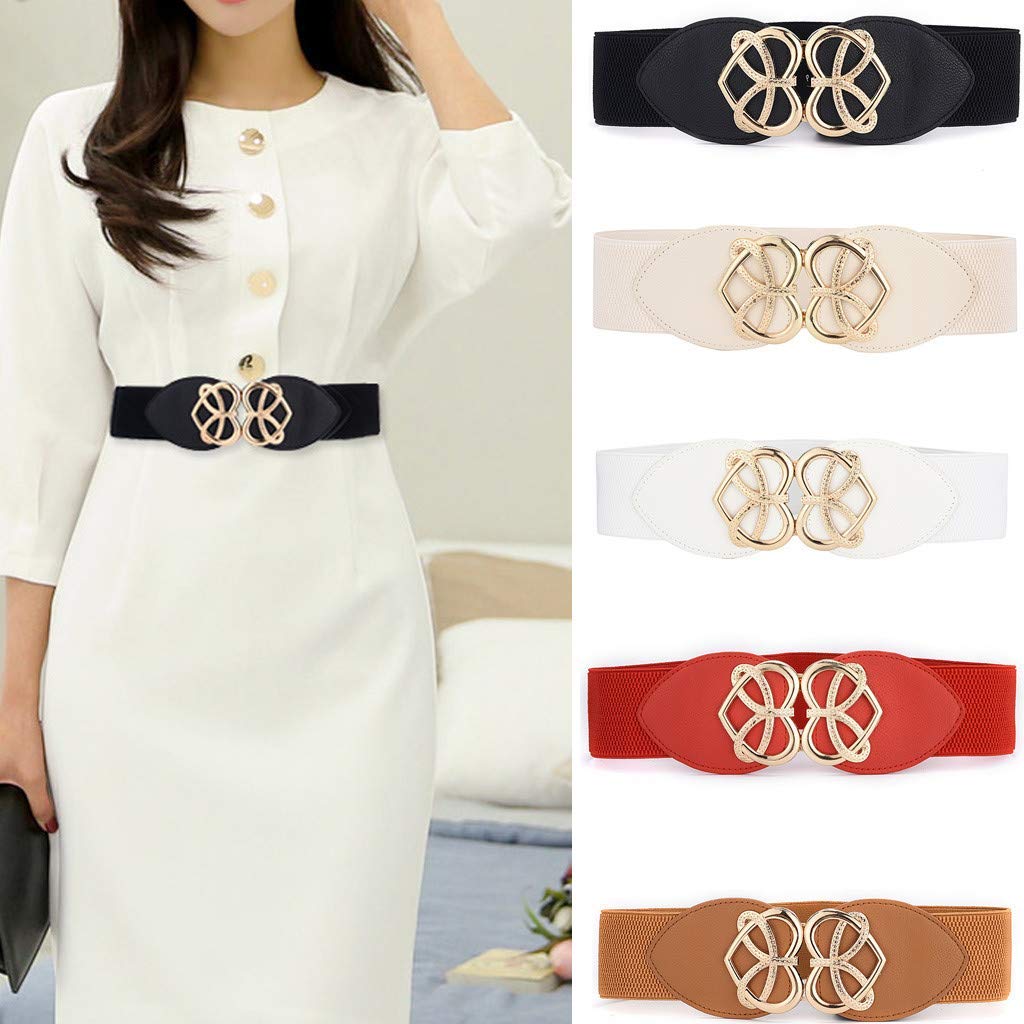 Electomania Ladies Stretch Elasticated Waist Belt Love Heart Gold Buckle  Fashion Design Casual Belts for Jeans Dress (White）
