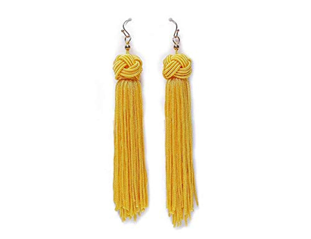 Electomania  Knotted Extra Long Fringe Silk Tassel Drop Shoulder Duster Statement Earring (Yellow)
