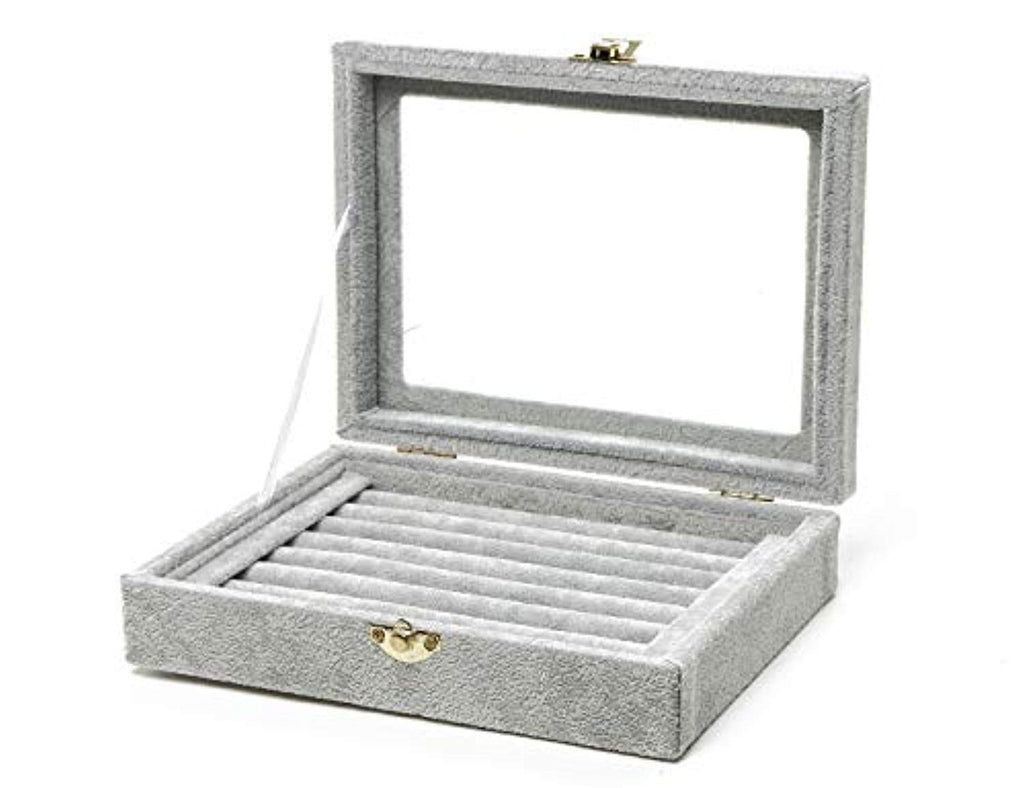 Electomania Jewelry Ring Display Box Velvet Fabric Glass Tray Holder Storage Box Organizer (Grey)