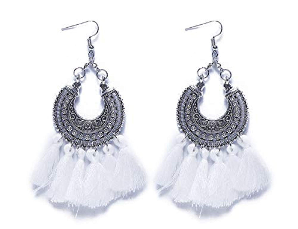 ELECTOMANIA White Metal Vintage Tassel Style Drop Earrings for Girls and Women