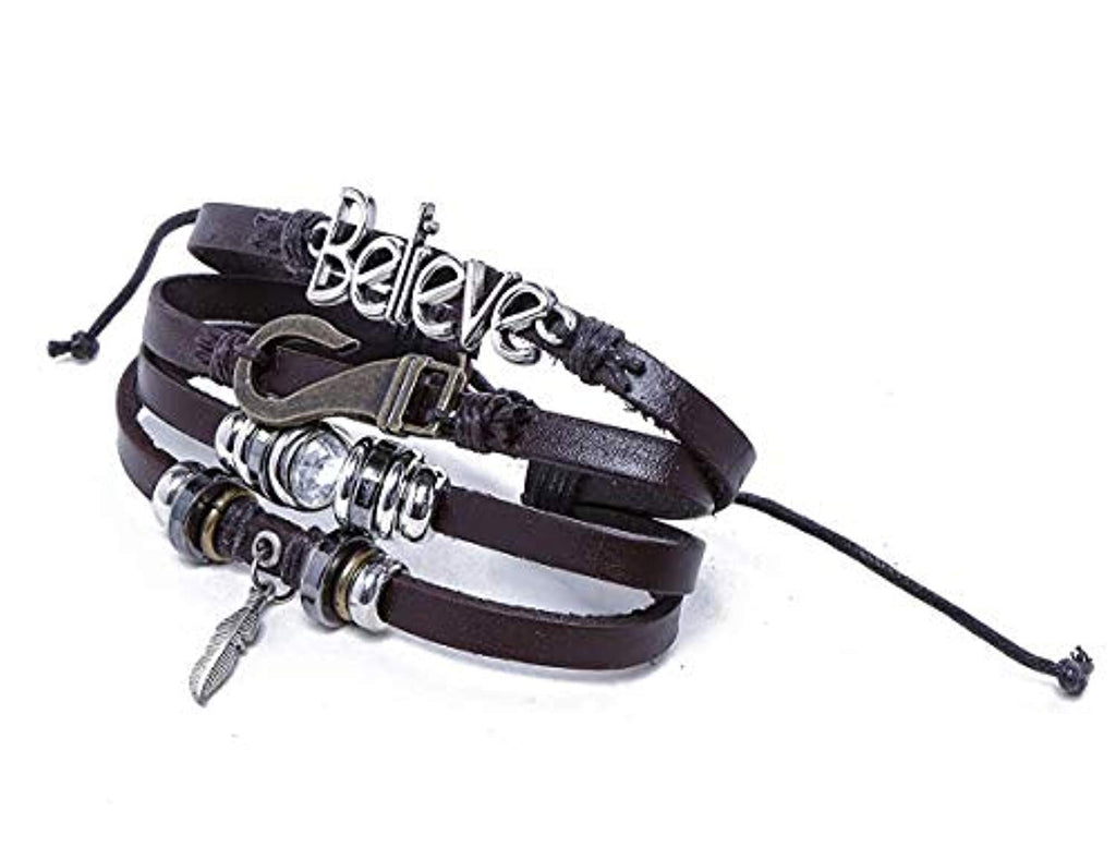Electomania Multilayer Beads Leaf Charm Unisex Gift Leather Bracelet for Boys Mens (Brown)