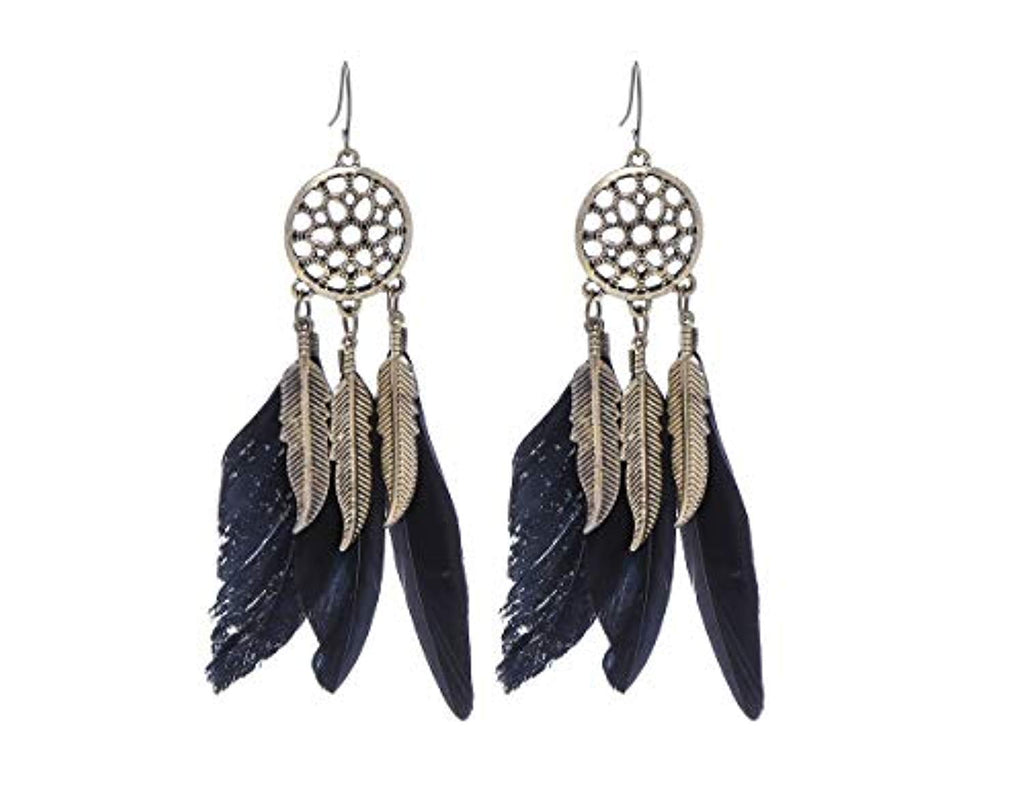 Electomania  Women's Feather Earrings Bohemian Style Vintage Long Tassel Earrings for Wedding Gifts 1 Pair (Black)