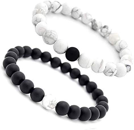 Electomania  2Pcs 8mm Dumb Black Frosted & Natural White Pine Couple BraceletBracelet Elastic Natural Stone Yoga Bracelet Bangle