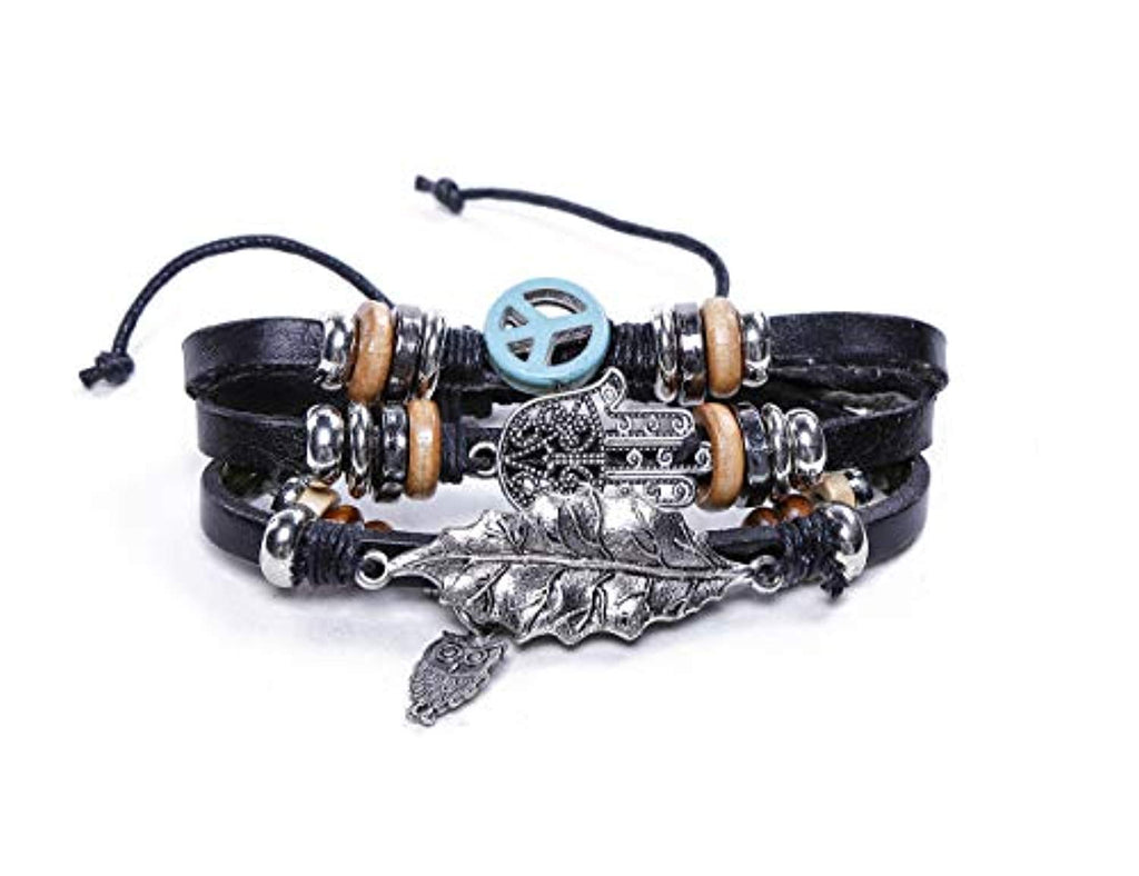 Electomania Black Leather Multilayer Hand Peace Owl Leaf Charm Bracelet for Men and Women