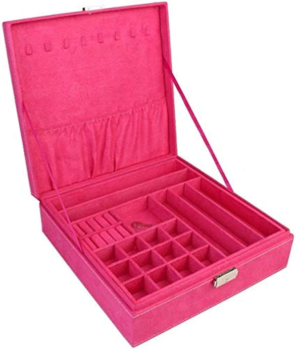 ELECTOMANIA Women's Flannel Rose Red Twin Layer Velvet Jewelry Storage Box Organizer with Lock