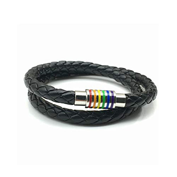 Electomania  Artificial Leather Braided Rainbow Magnetic Clasp Wristband Bracelet Bangle (black)