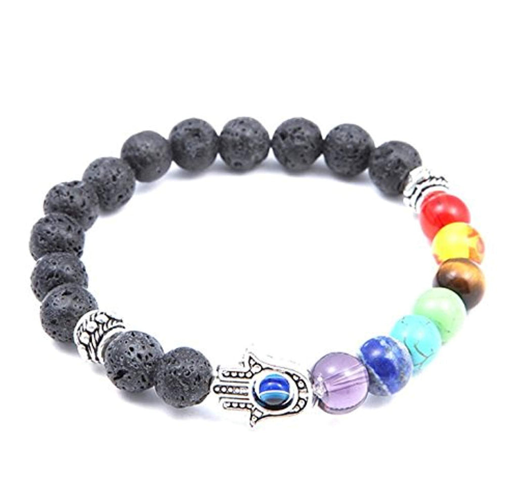 Electomania Lava Stone 7 Chakra Hamsa Hand Evil Eye Healing Yoga Beads Strand Bracelet Black 8mm
