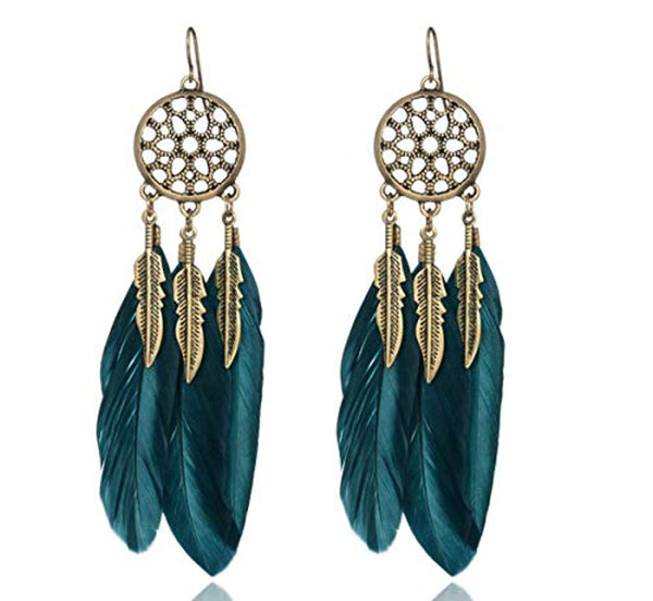 Electomania Feather Tassel Earrings Bohemian Style Down Long Vintage Fish Hook Earrings for Women Girl 1 Pair (Dark Green)