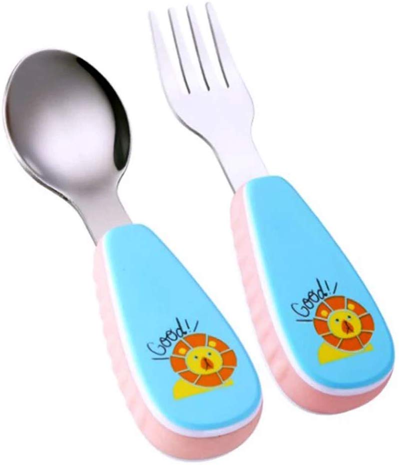 Electomania Stainless Steel Baby and Children Tableware Spoon Tableware Tableware Two Lovely Cartoon Antiskid Anti Rust Silicone Hand 2 in 1 Set（Blue）
