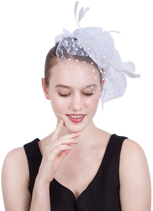 Electomania Unisex Cortex Retro Style Bird Cage Mesh Face Veil Feather Fascinator Hair Clip (White)