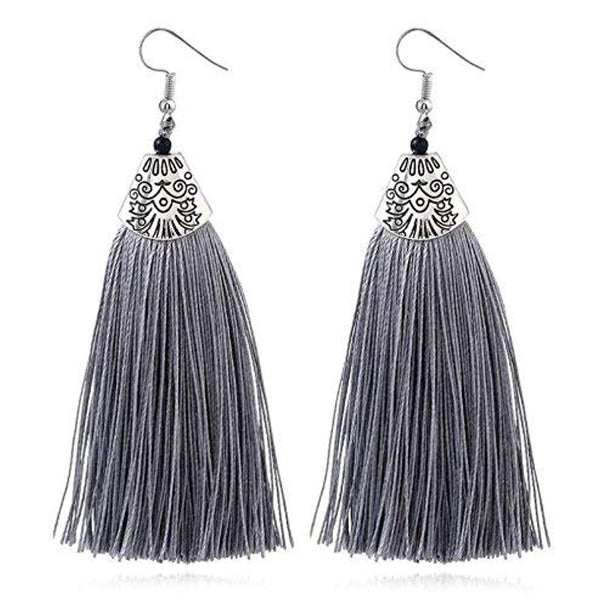 ELECTOMANIA Grey Silk Thread Tassel Long Earrings for Women
