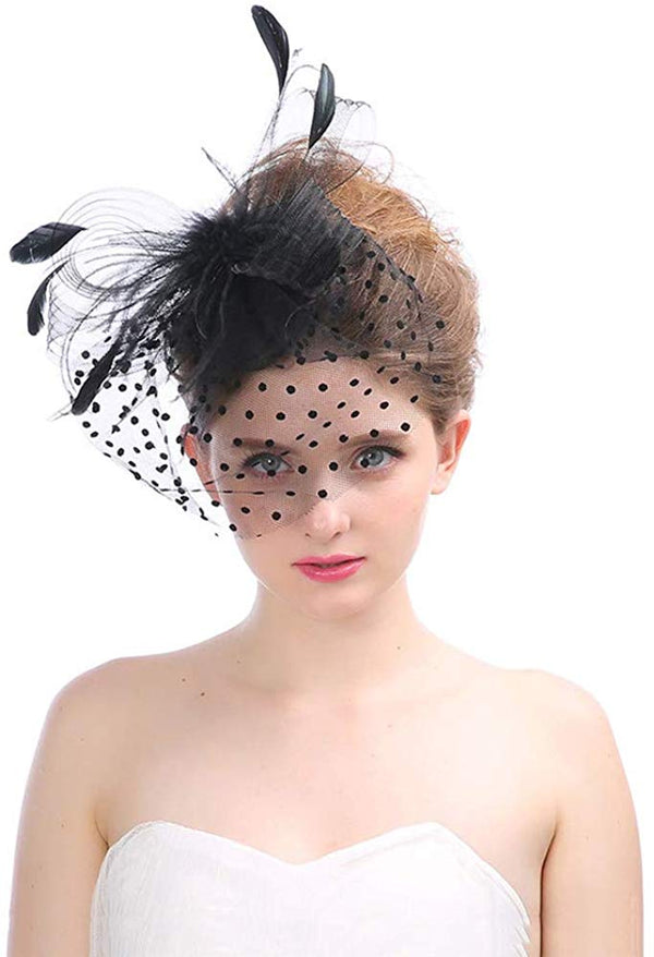 Electomania  Unisex Cortex Retro Style Bird Cage Mesh Face Veil Feather Fascinator Hair Clip (Black)
