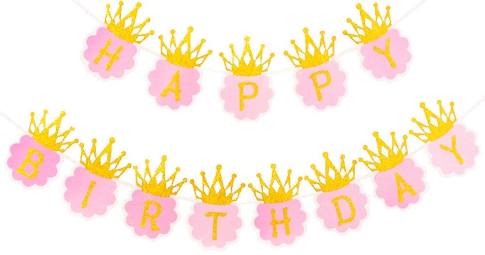 Electomania Princess Glitter Happy Birthday Crown Banner for Girls Birthday Decoration 13 in 1 Set