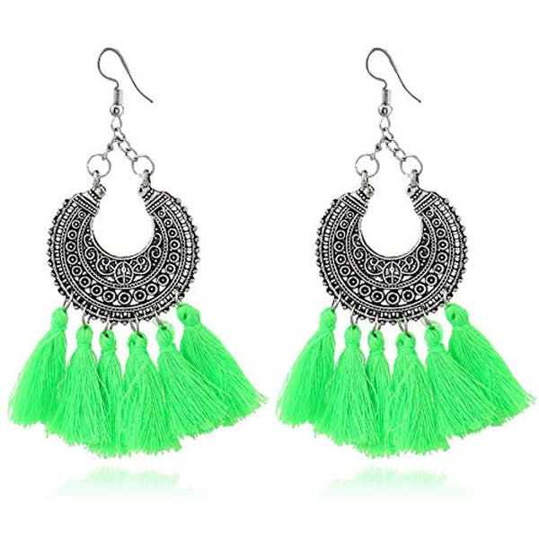 ELECTOMANIA Green Metal Tribal Jaipur Design Fusion Moonshape Chandbali Tassel Earrings for Women