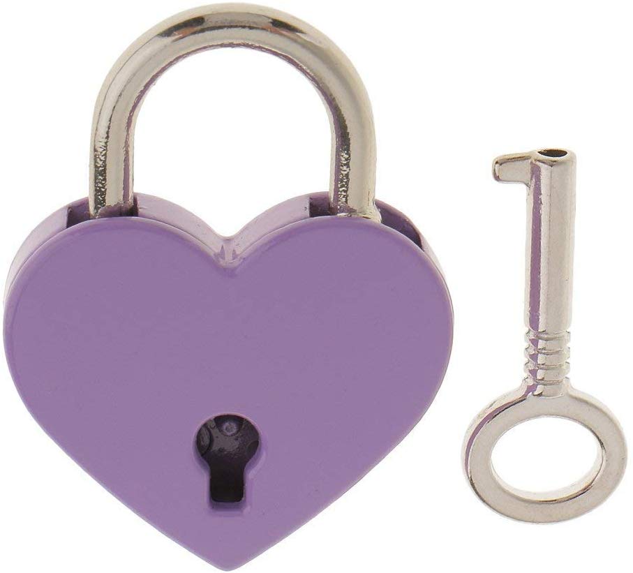 Electomania Small Metal Heart Shaped Padlock Mini Lock with Key for Jewellery Storage Box, Diary Book (Violet)