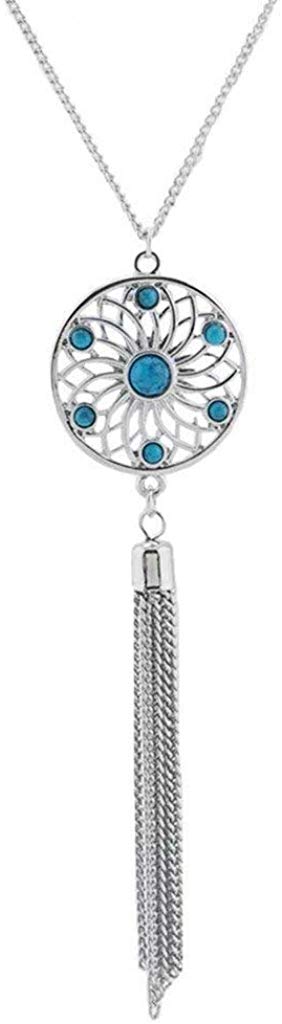 ELECTOMANIA Boho Blue Stone Dreamcatcher Long Silver Metal Tassel Pendant Necklace for Girls