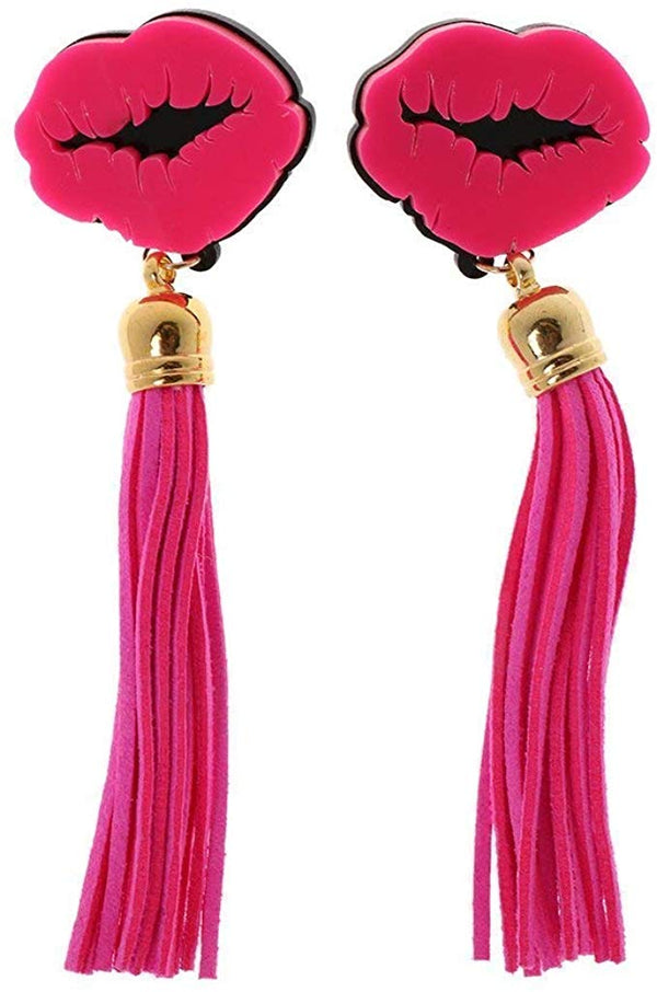 Electomania® Fashion Acrylic Mouth Lips Tassel Long Earrings Fringe Dangle Vintage Jewellery Gifts for Women Girl Party Gifts (Pink)