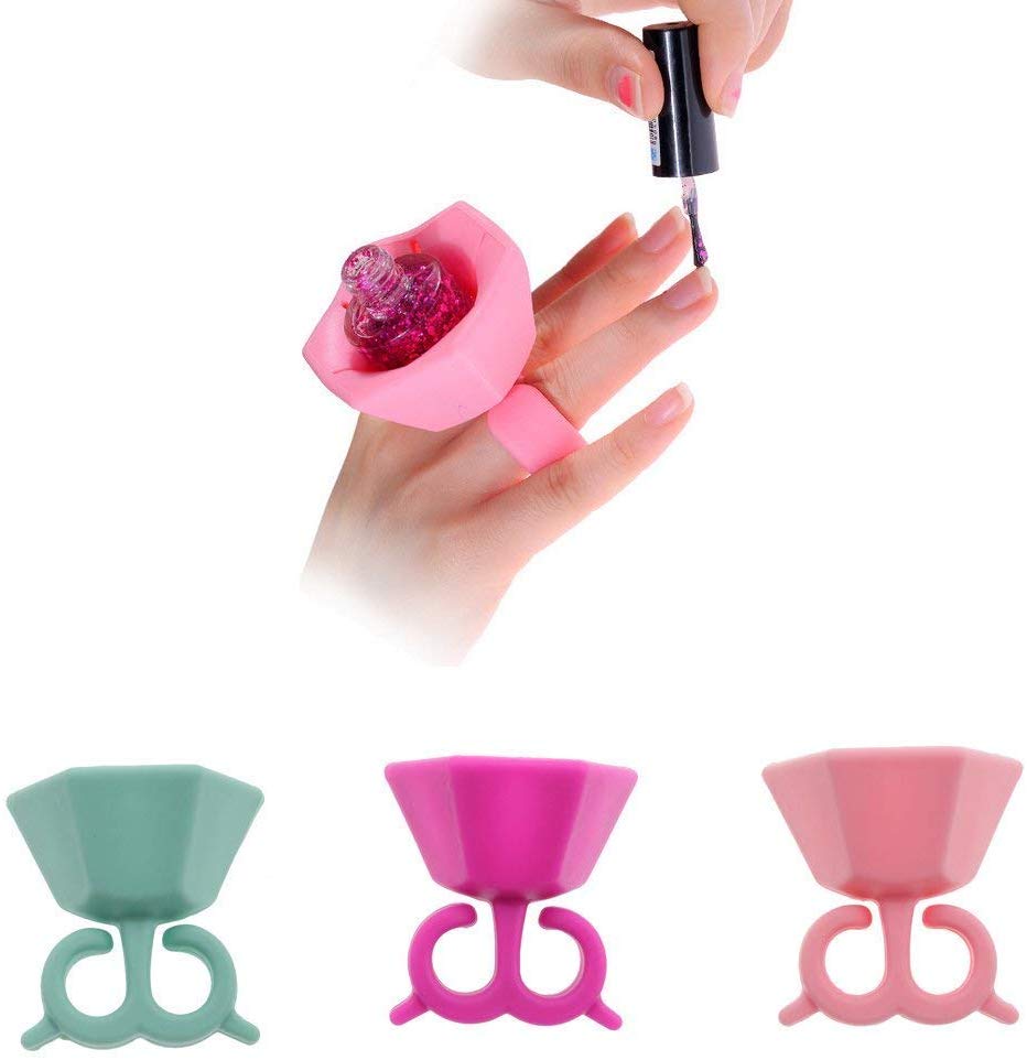 Electomania Creative Leaf Design Silicone Wearable Nail Polish Bottle Holder Ring（Pink）