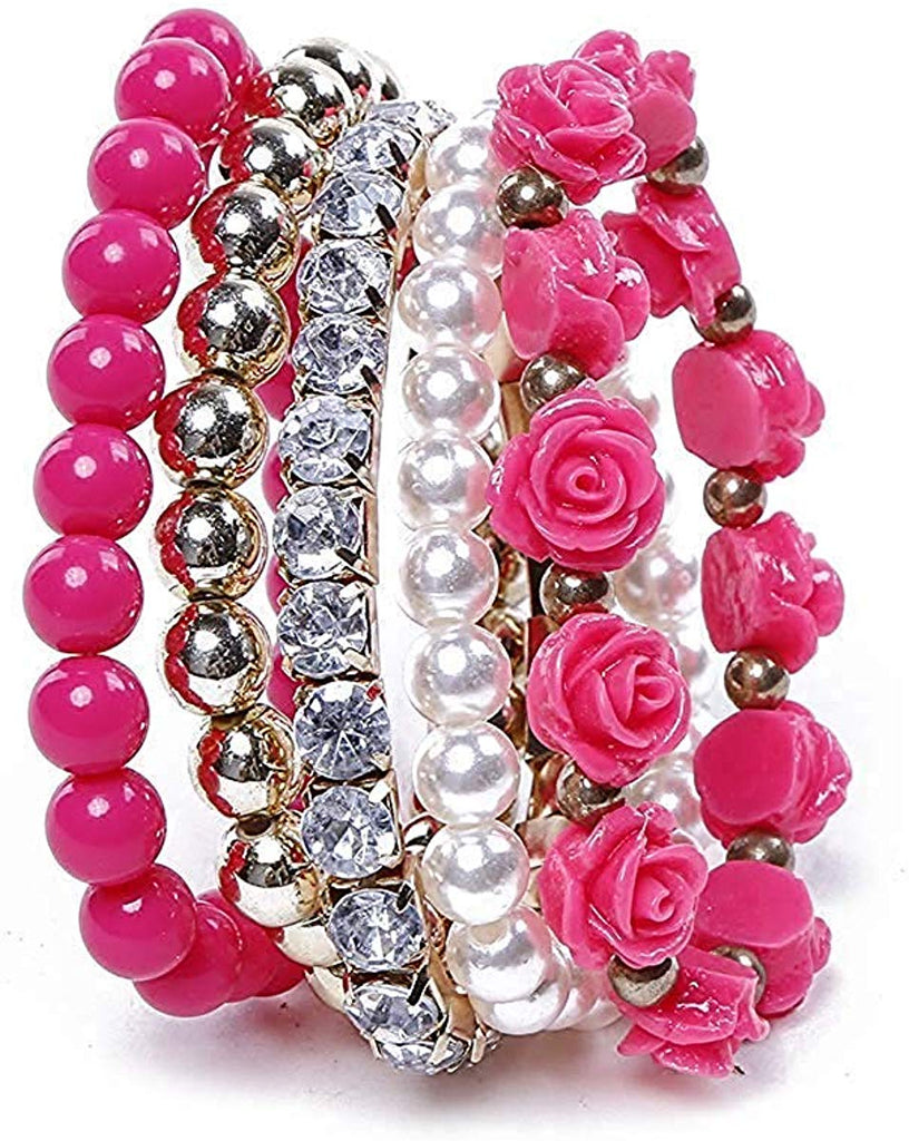 Electomania Multilayer Beads Wrap Bracelets Stretch Women Girls Teen 5 Pcs/Set Acrylic Rose Flower Round Pearl Bangle Charm Jewelry