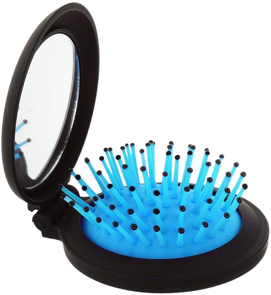 Electomania® 2 in 1 Round Folding Hair Comb Massage Brush Mirror Healthcare Blue