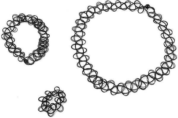 Electomania 3 in 1 Set Lady Braided fishline Tattoo Elastic Necklace Bracelet Ring Decoration, Christmas, Prom Party etc（Black）
