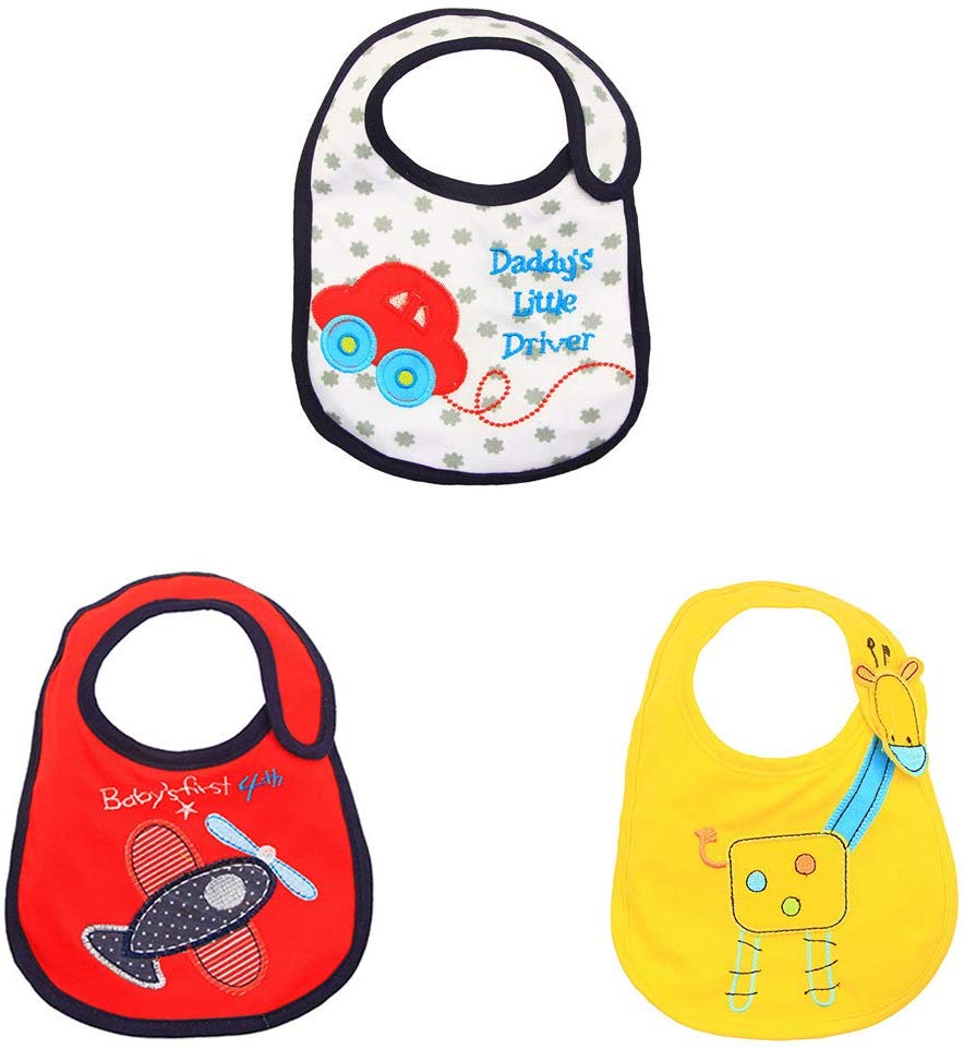 Electomania Soft Cotton Cartoon Printed Baby's Bibs for Aeroplane, Car and Giraffe (Multicolour) - Pack of 3