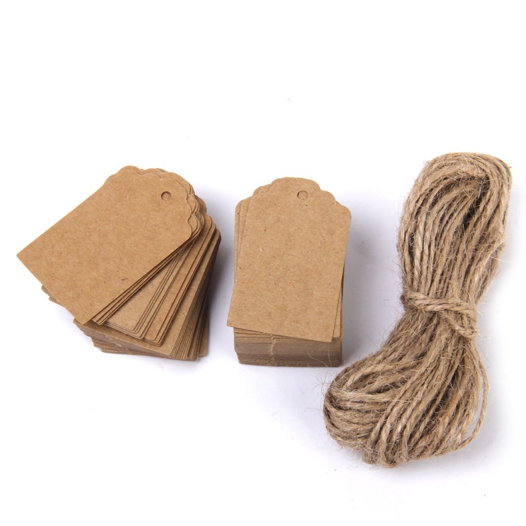 Electomania 100 Pcs Gift Tags Kraft Paper Tags for Wedding Brown Rectangle Craft Hang Tags with Natural Jute Twine (Brown)