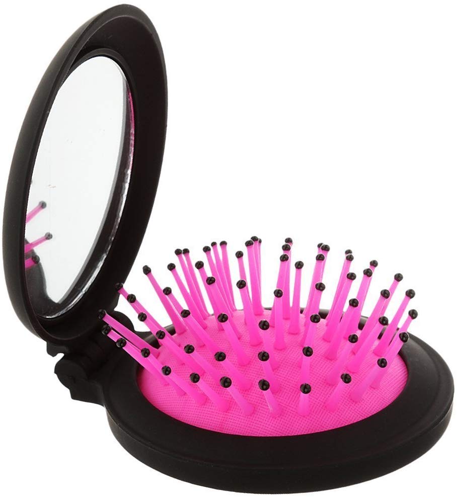 Electomania  Travel Folding Hair Brush Mini Pop Up Airbag Massage Hair brush Mirror Set for Girl Women (Rose Red)