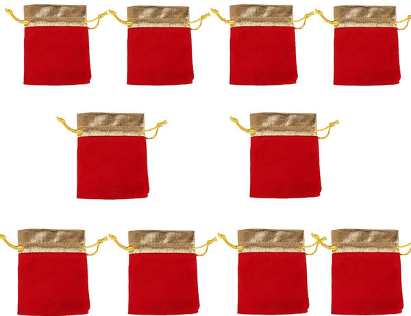 Electomania Red and Gold Velvet Satin Jewellery Drawstring Pouch -10 Pieces