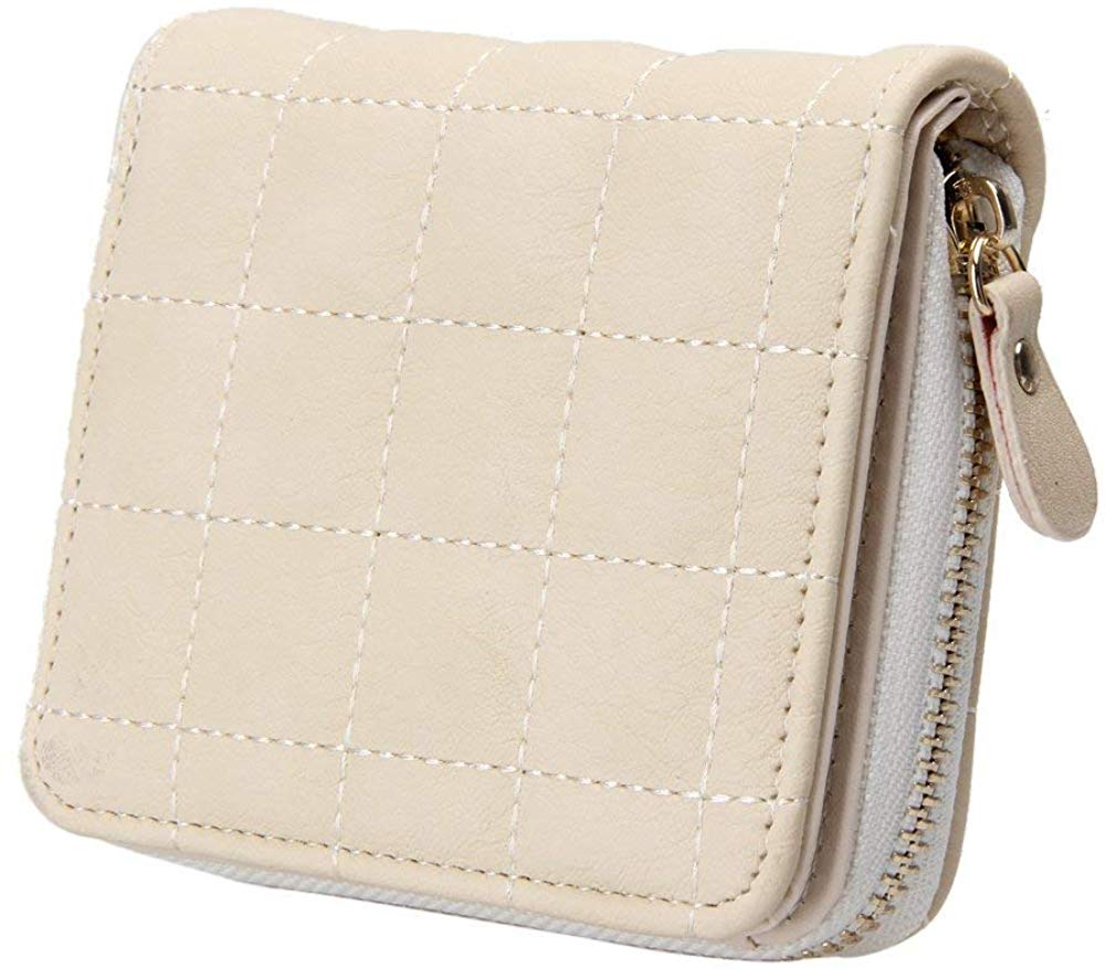 Electomania  Women Mini Short Wallets PU Leather Female Plaid Purses (Beige)