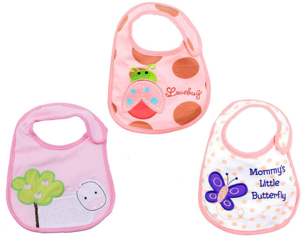 Electomania Cartoon Printed Soft Cotton Toddler/Baby Bibs - Butterfly, Cow & Ladybug (Pack of 3，Pink)