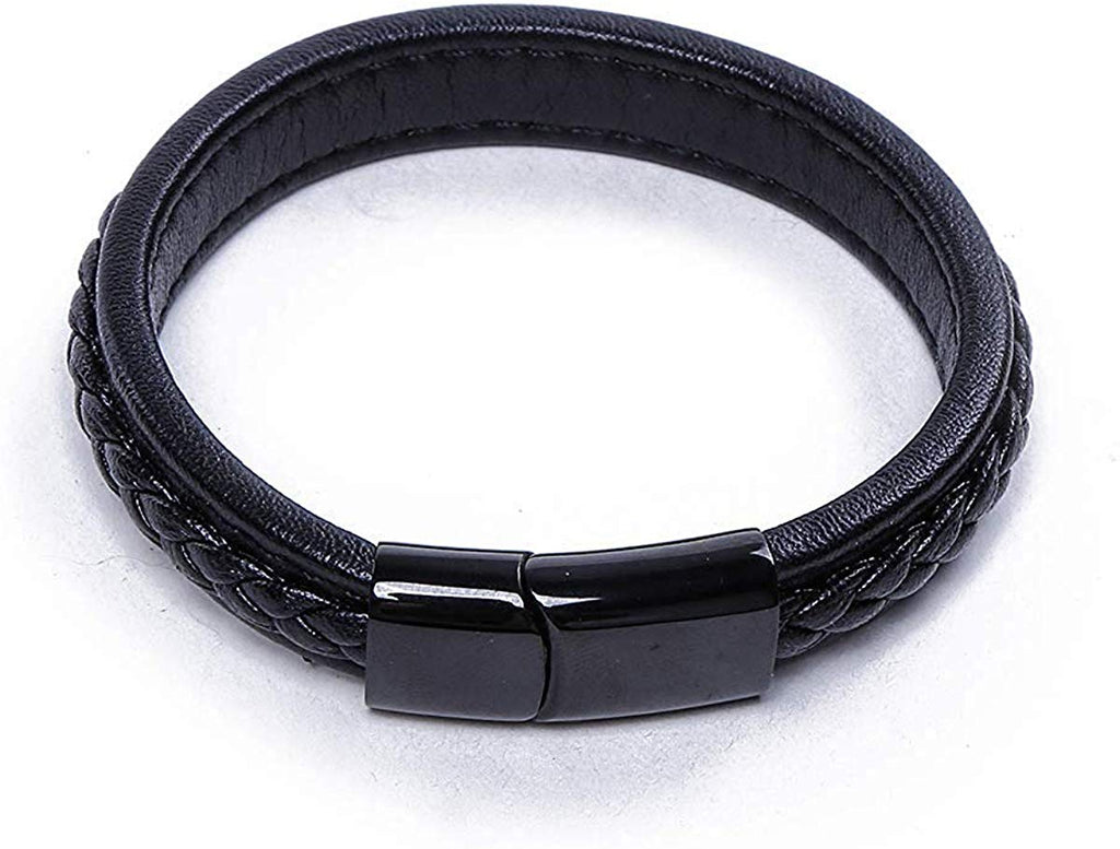 Electomania Faux Leather Bracelet Braided Magnetic Stainless Steel Closure Flexible Clasp for Mens & Boys - 20.5CM (Black)