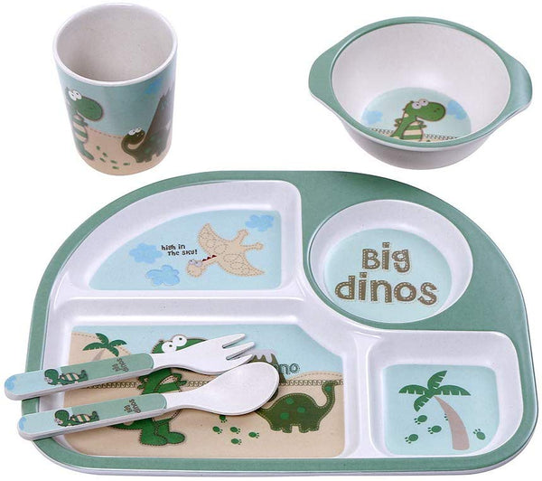 Electomania Baby Bamboo Fibre Tableware Cutlery 5 pc Set - with Printed Spoon, Fork, Mug, Bowl & Plate (Green)