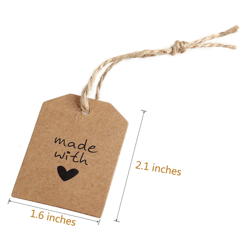 Electomania 100 PCS 1.6 X 2.1 Inches Kraft Gift Labels Tags Paper with String for Birthday Party Wedding Favors Rectangular Kraft Craft Tags with Love Heart -Natural Twine 32 Feet (Brown)