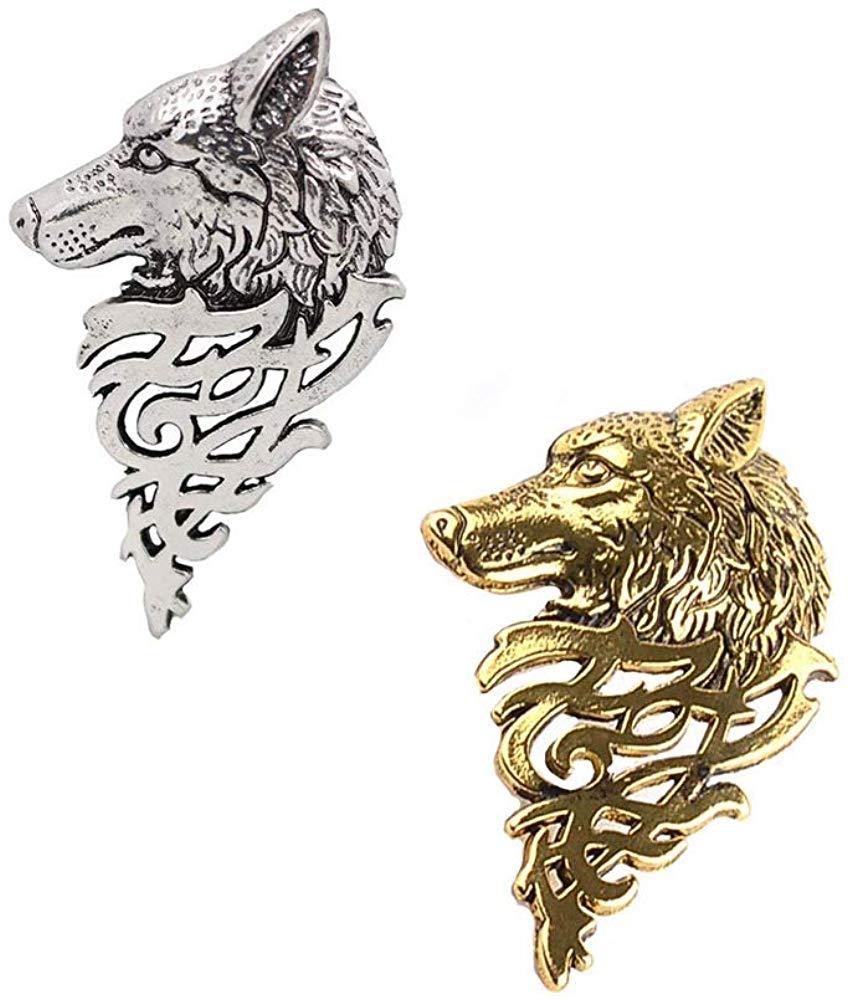 Electomania 2Pcs Vintage Europe Wolf Badge Brooch Lapel Pin Men Women Shirt Suit Jewelry Gift (Golden & Silver)