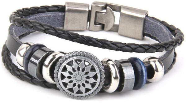 Electomania Sun Flower Bracelet Handmade Leather Bracelet Metal Vintage Engraved Bracelet Wristband for Men and Women (Black)