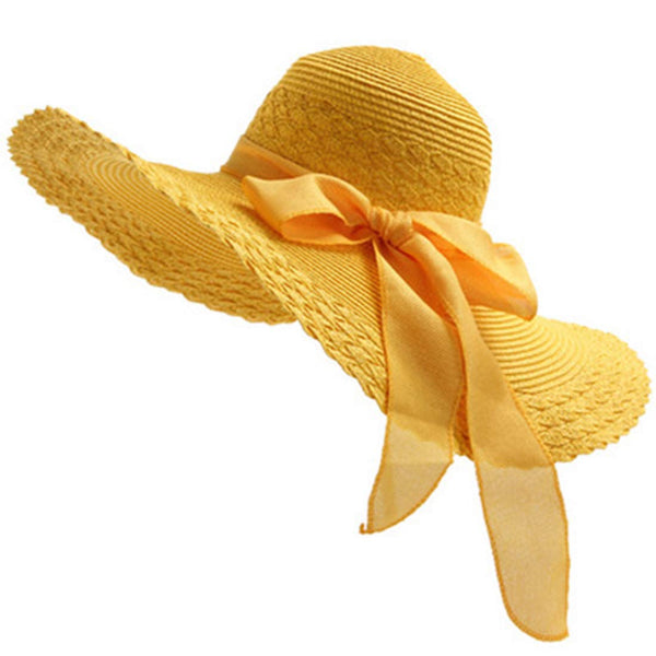 Electomania Straw Sun Hat Wide Large Brim Beach Floppy Fold Cap Hat (Yellow)