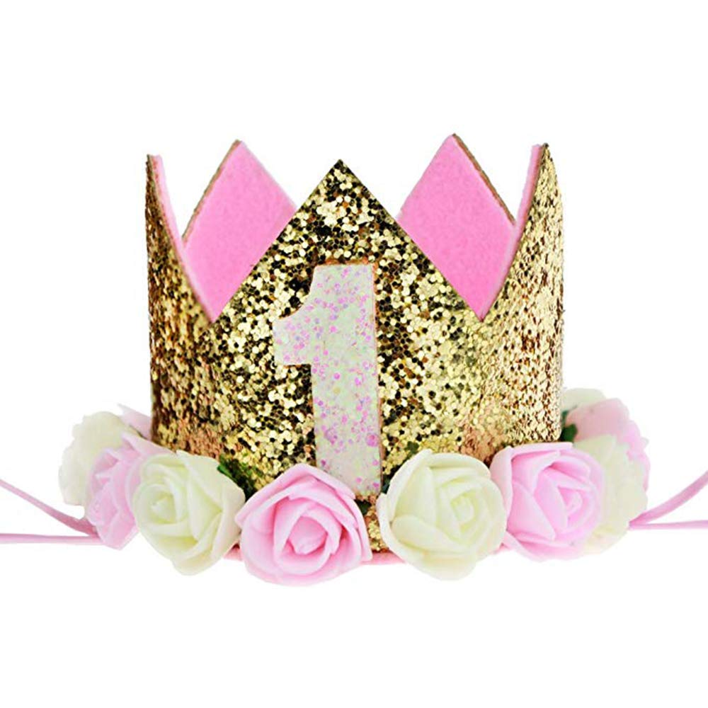 Electomania Golden And Pink Rose Flower 1St Birthday Hat Glitter Crown Flower Head Band For Baby Boys & Baby Girls