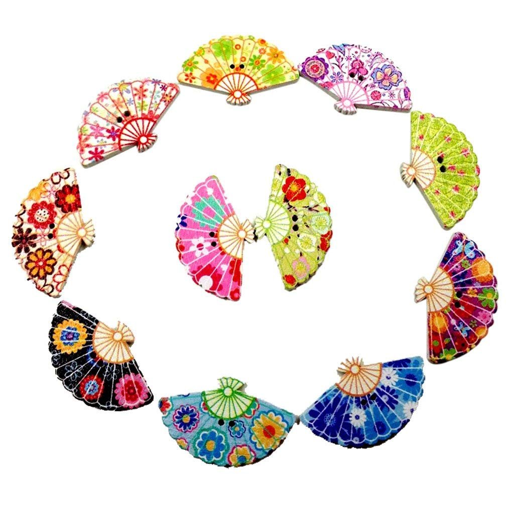 Electomania 100Pcs Mixed Color Printed Fan Shape Wooden Buttons with 2 Holes Wooden Craft Buttons Decorative Fan Shape Wood Button (Random Color)
