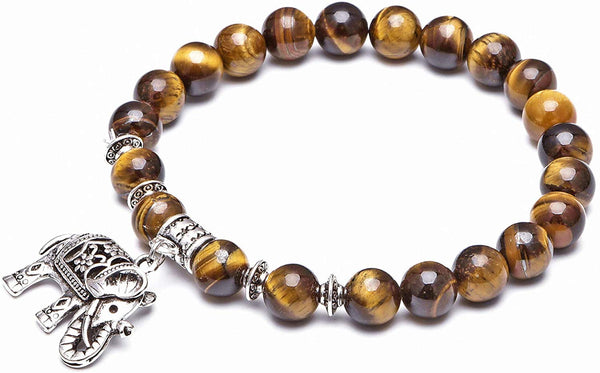 Electomania  Retro ethnic style 8mm yellow tiger eye stone elephant bracelet single ring Buddha beads hand string