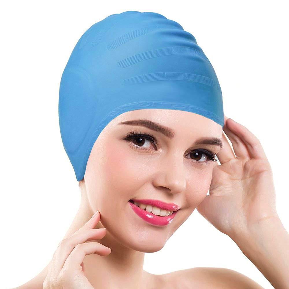 Electomania Long Hair Swim Cap/Waterproof Silica Gel Swimming Cap for Adult Woman and Men/Keeps Hair/Ear Clean - Lake Blue