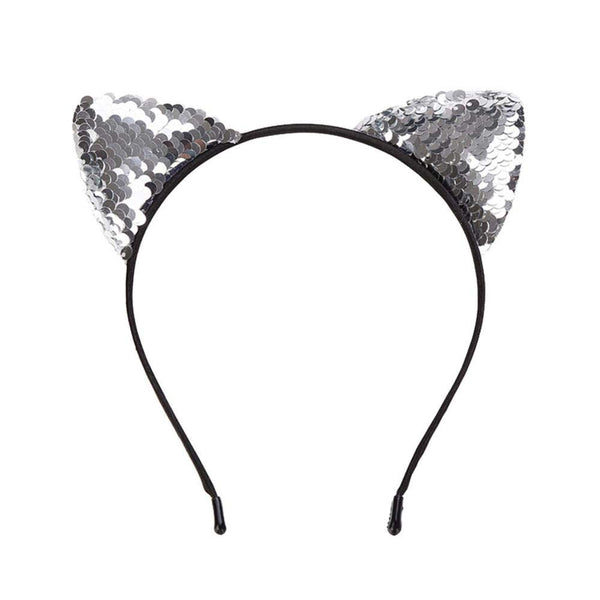 Electomania Cat Ear Headband Reversible Glitter Cat Ear Head Chain Hair Band Party Head Headband for Girls and Women (Silver)