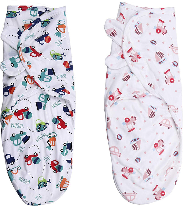 Electomania Pure Cotton Swaddle Wrap -Hip-Healthy, Comfortable and Cozily Warm Wrapping Blanket -Secure and Durable Baby Cover (Color car and Baby Pink) - Pack of 2