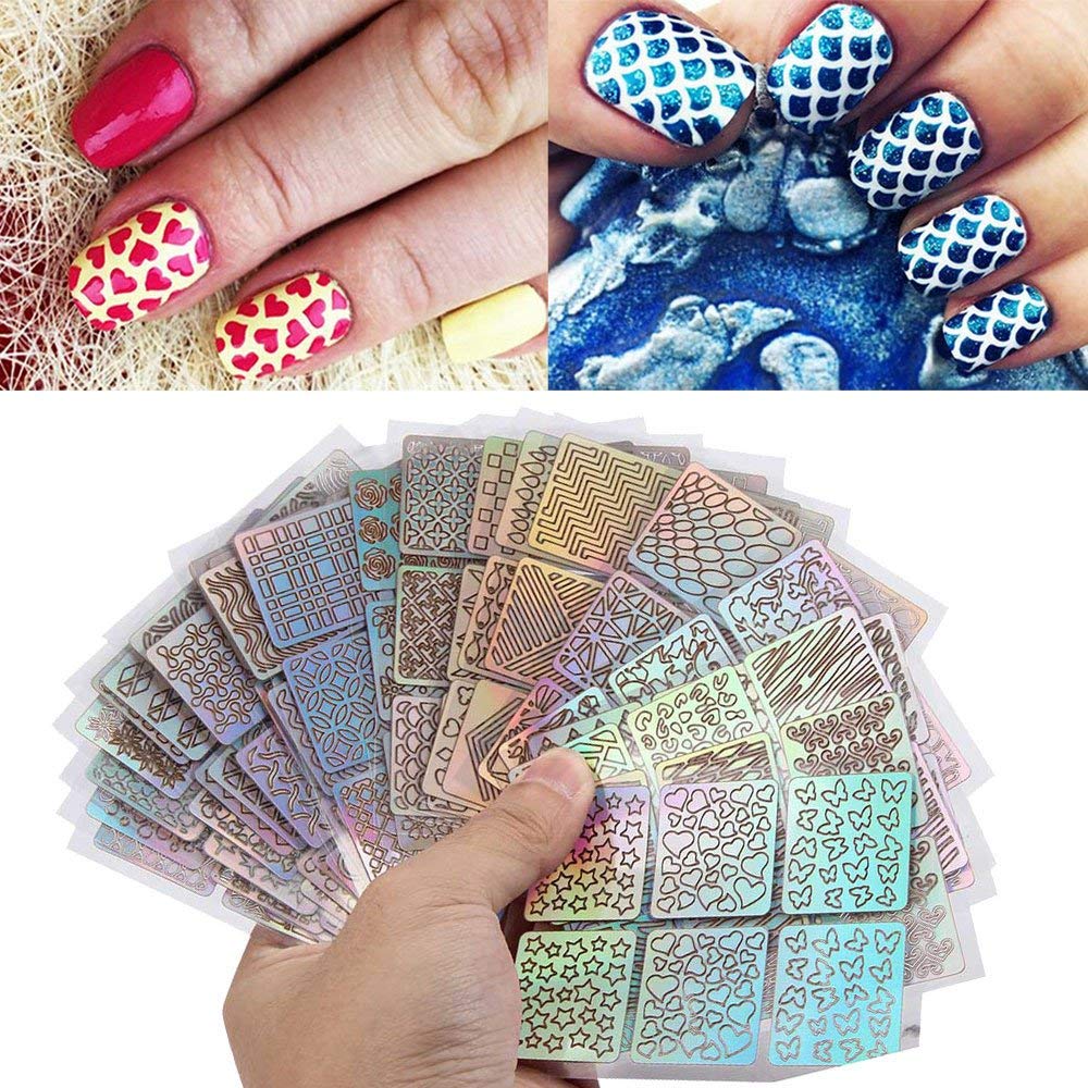 Electomania Nail Art Self-Adhesive Stencil Stickers Set Waterproof Salon Nail Stamping Printing Image Stamps Guides Decoration Manicure Tool 24 in 1 set（multicolor）