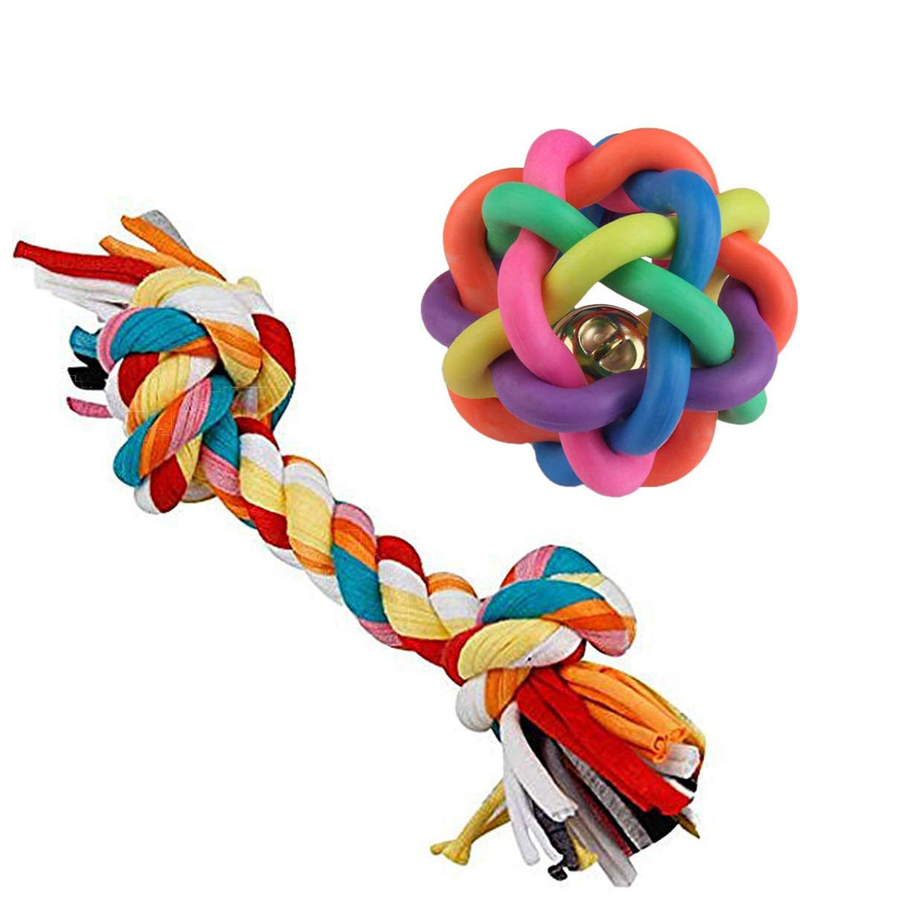 Electomania Squeaky Rainbow Cotton Rubber Ball with Rope Chew Toy Combo for Dog - 2 in 1 - Multicolor