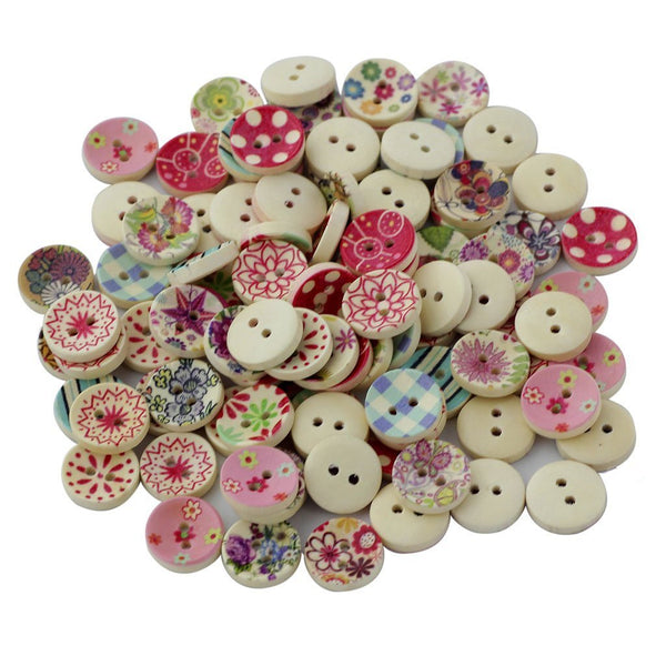 Electomania® 100Pcs Painted Colors Round Wooden Buttons for Sewing and Crafting