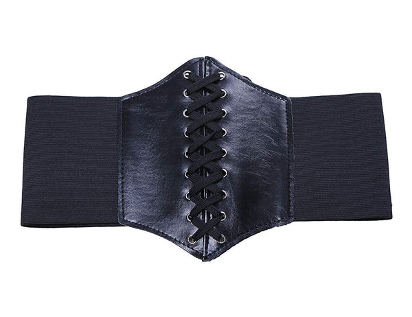 Electomania® Womens Ladies Leather Belt Girl Fashion Wide Waist Belt Elastic Steampunk Lace-up Cinch Belt Tied Corset (Black)