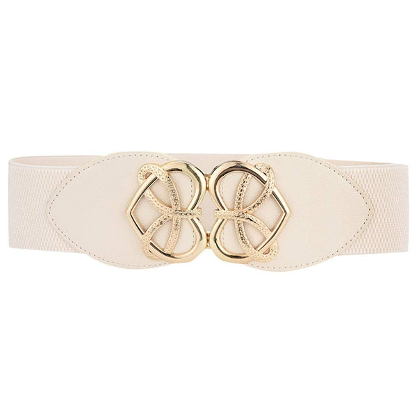 Electomania Ladies Stretch Elasticated Waist Belt Love Heart Gold Buckle Fashion Design Casual Belts for Jeans Dress (White）