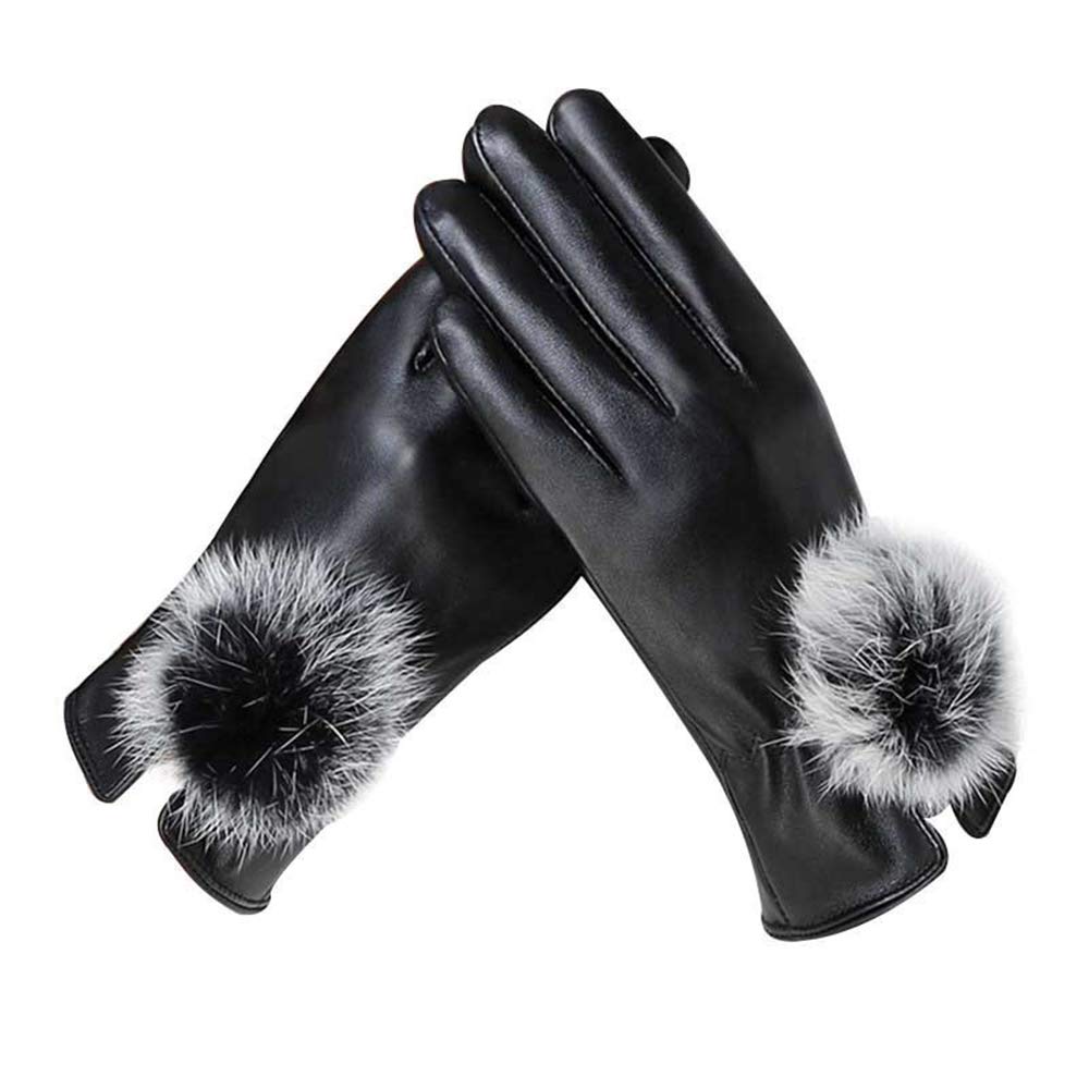 ELECTOMANIA Elegant Women Lady PU Leather Gloves Driving Winter Christmas Gift Warm Mittens w/Fur Ball（1 pair）M,Black
