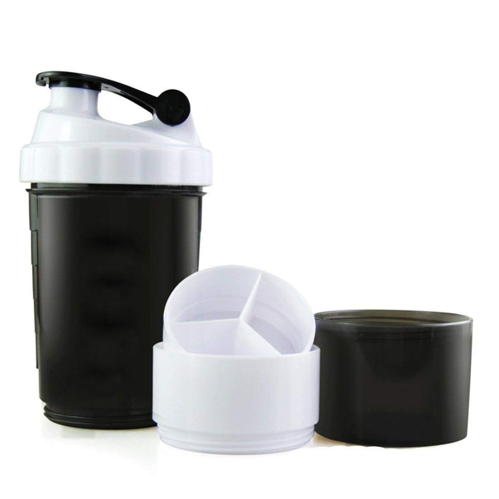 Electomania 500 ml Protein Shaker Gym Bottle with 2 Storage Compartments and 1 Pill Tray（Black White）